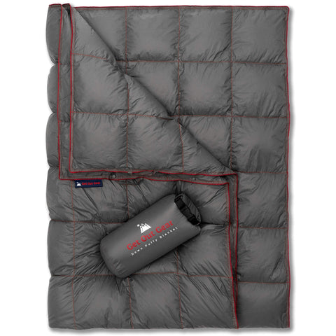 650 Fill Power Down | Water-Resistant | Packable Down Camping Blanket-Gray/Burgundy